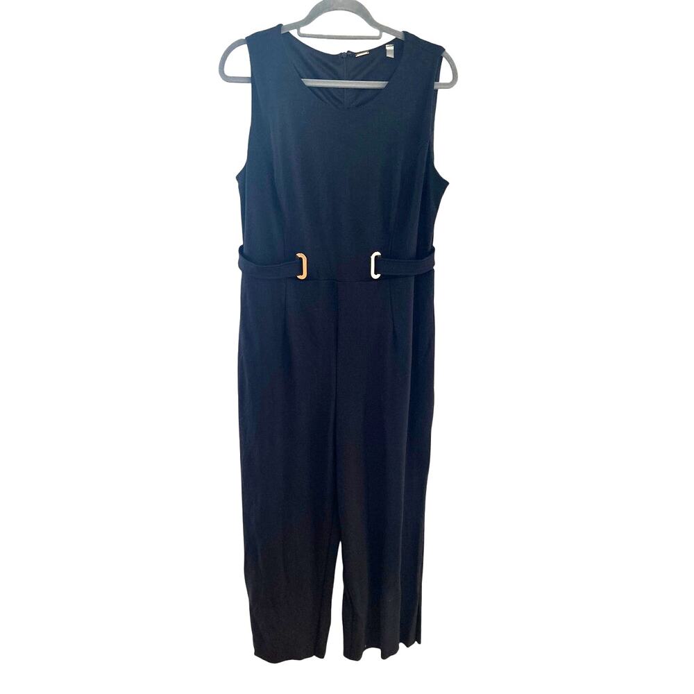 T Tahari Black Cropped Length Sleeveless Scoop Neck Gold Belted Jumpsuit